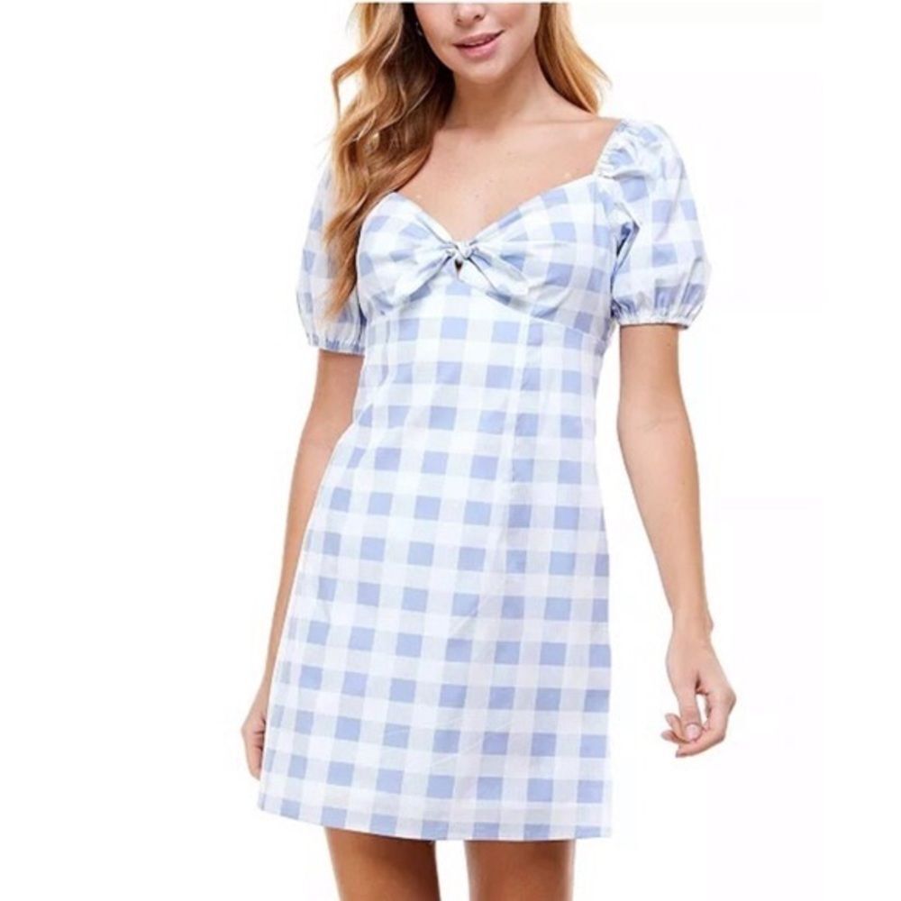 Pastel Blue Gingham Tie-Front Puff Sleeve Babydoll Mini Dress